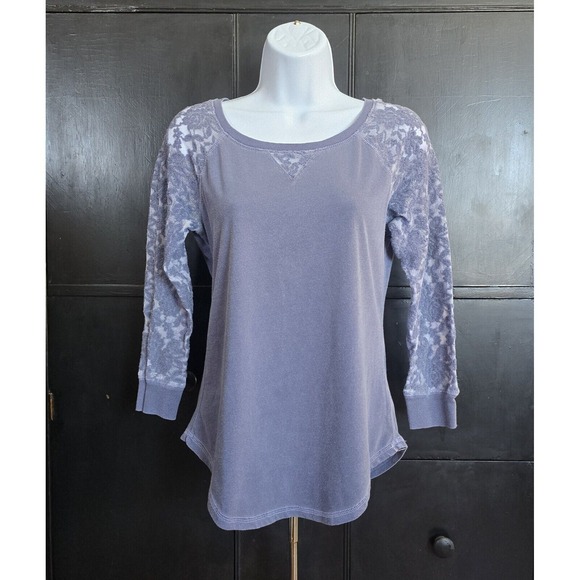 Mudd Lace Raglan Sleeve Top Womens M Purple Boho Acid Wash Burnout 90s Y2K - Picture 3 of 14
